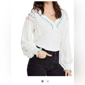 Free people siesta fiesta  embroidered top blouse white sz L